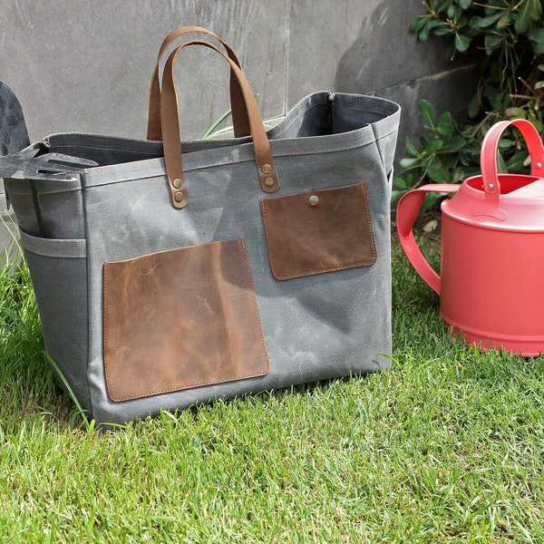 Waxed Canvas Garden Tool Tote Bag / Utility Tote Bag / Gardening bag with Leather Handles / Free Personalization