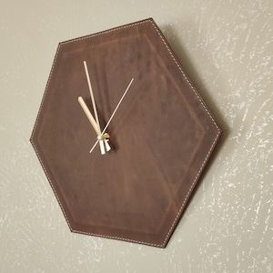 Leather Modern  Wall Clock - Hexagonal Handmade Wall Decor - Unique Minimalist Silent Mechanism Design - Housewarming Gift - Free Monogram