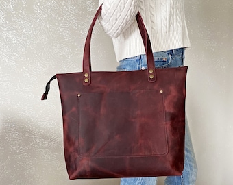 Leather Tote Bag With Zipper / Personalized Leather Tote Bag / Handmade Zippered Purse With Pockets / Free  Leather Satchel LB1