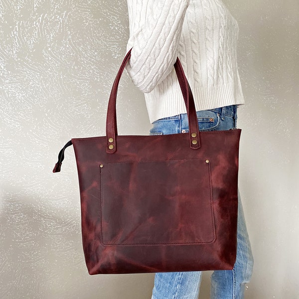 Leather Tote Bag With Zipper / Personalized Leather Tote Bag / Handmade Zippered Purse With Pockets / Free  Leather Satchel LB1