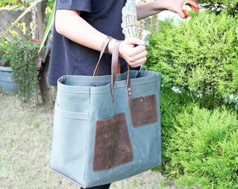 Waxed Canvas Gardening Tote Bag / Utility Tool Bag / Gardening bag with Leather Handles / Free Personalization