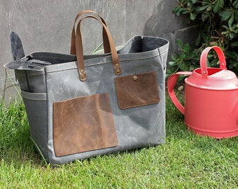 Waxed Canvas Garden Tool Tote Bag / Utility Tote Bag / Gardening bag with Leather Handles / Free Personalization