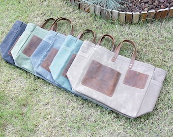 Bolso de jardín personalizado de lona encerada / Bolsa multiusos personalizada / Bolsa de jardinería con asas de cuero / Regalo de Navidad