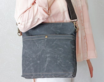 Gewachste Canvas und Leder Crossbody Tote Bag mit Reißverschluss für Frauen / Schultertasche mit Lederriemen / Handgemachte personalisierte Tasche CB5