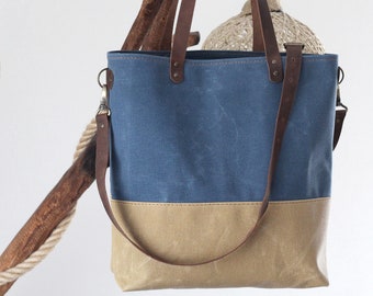 Sac fourre-tout en toile bicolore, Sac à bandoulière en toile cirée bicolore, Sac à main bandoulière unique avec monogramme gratuit, Cadeau de Noël pour elle