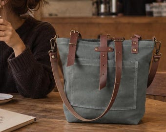 Waxed Canvas Tote, Large Personalized Leather Handle Bag, Water Resistant Shoulder Tote, Travel and Work Bag