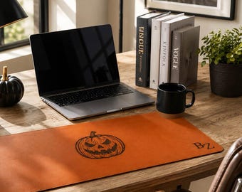 Personalized Halloween Leather Desk Mat | Engraved Pumpkin Desk Pad | Non-Slide Backing Desk Pad | Halloween Gift for Father & Husband