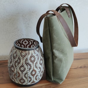 Handmade Waxed Canvas Tote Bag for Woman With Leather Straps Shoulder Purse With Crossbody Strap Casual Bag Handmade Gift CB1