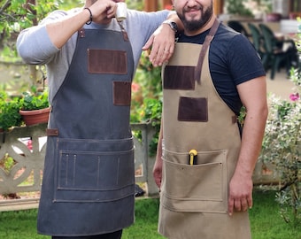 Personalized Canvas and Leather Woodworking Apron with Pockets Heavy Duty BBQ Apron with Free Monogram Personalized Gift for Her