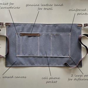 May include: A gray waxed canvas apron with two large pockets, a cell phone pocket, and a small pocket for a pen or screwdriver. The apron has adjustable brown polyester straps and a brown leather band for a towel. The apron is made of 20 oz. waxed canvas and has reinforced stress points.