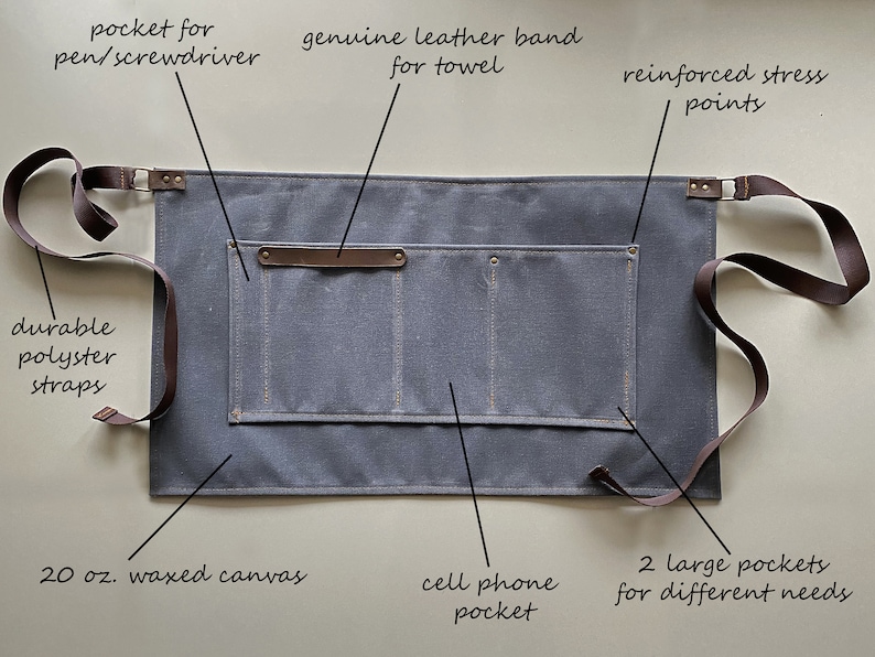 May include: A gray waxed canvas apron with two large pockets, a cell phone pocket, and a small pocket for a pen or screwdriver. The apron has adjustable brown polyester straps and a brown leather band for a towel. The apron is made of 20 oz. waxed canvas and has reinforced stress points.
