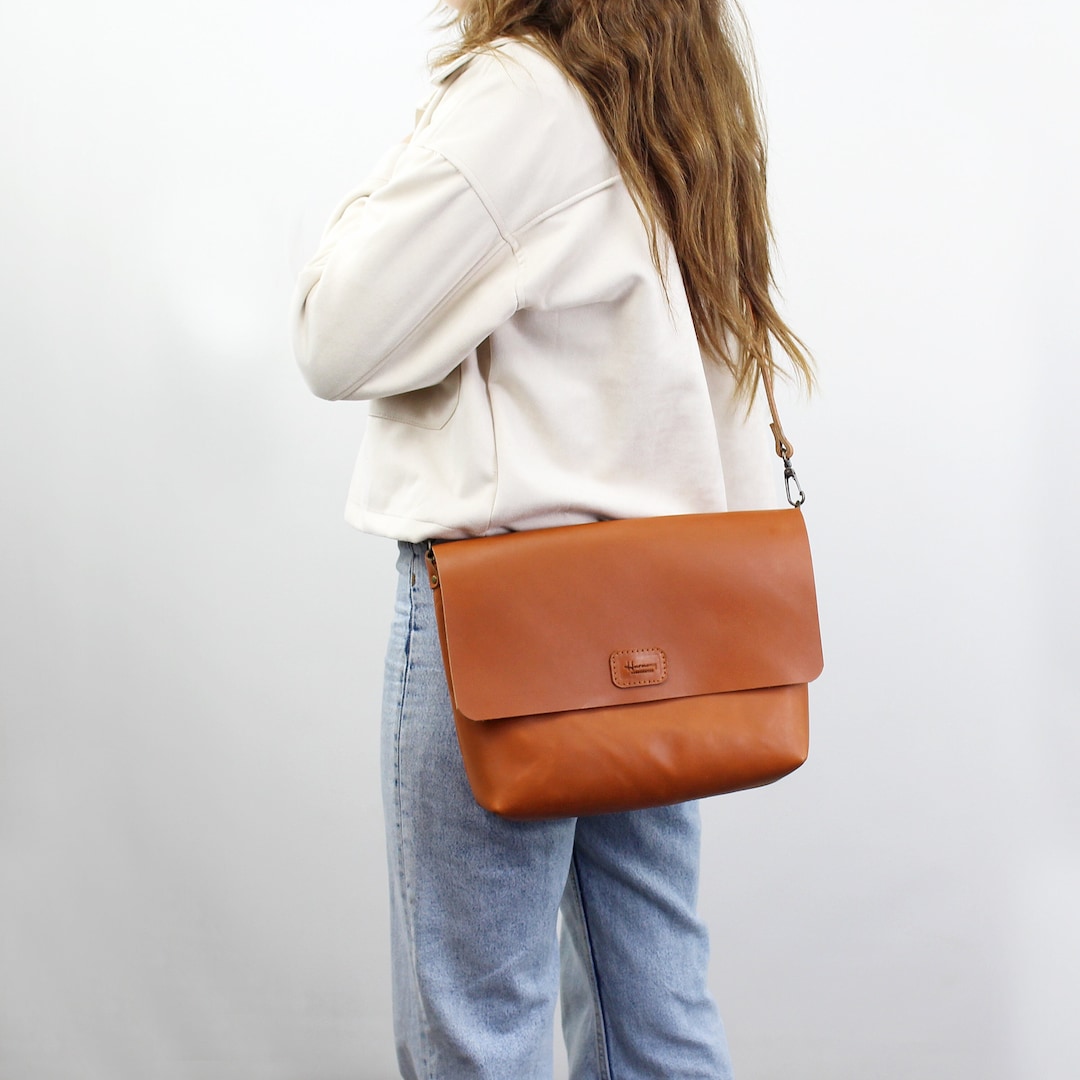 Large Crossbody Messenger Leather Bag for Women With Zipper Etsy