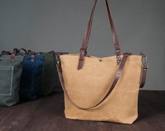Custom Waxed Canvas Tote Bag, Leather Handle Shoulder Bag, Personalized Crossbody Tote, Handmade Gift for Her