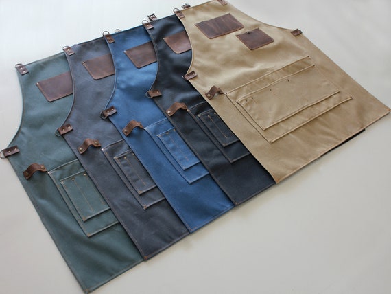 Waxed Canvas and Leather Custom Work Apron / Personalized Heavy Duty Woodworking and Metalworking Apron with Pocket / Christmas Apron Gift