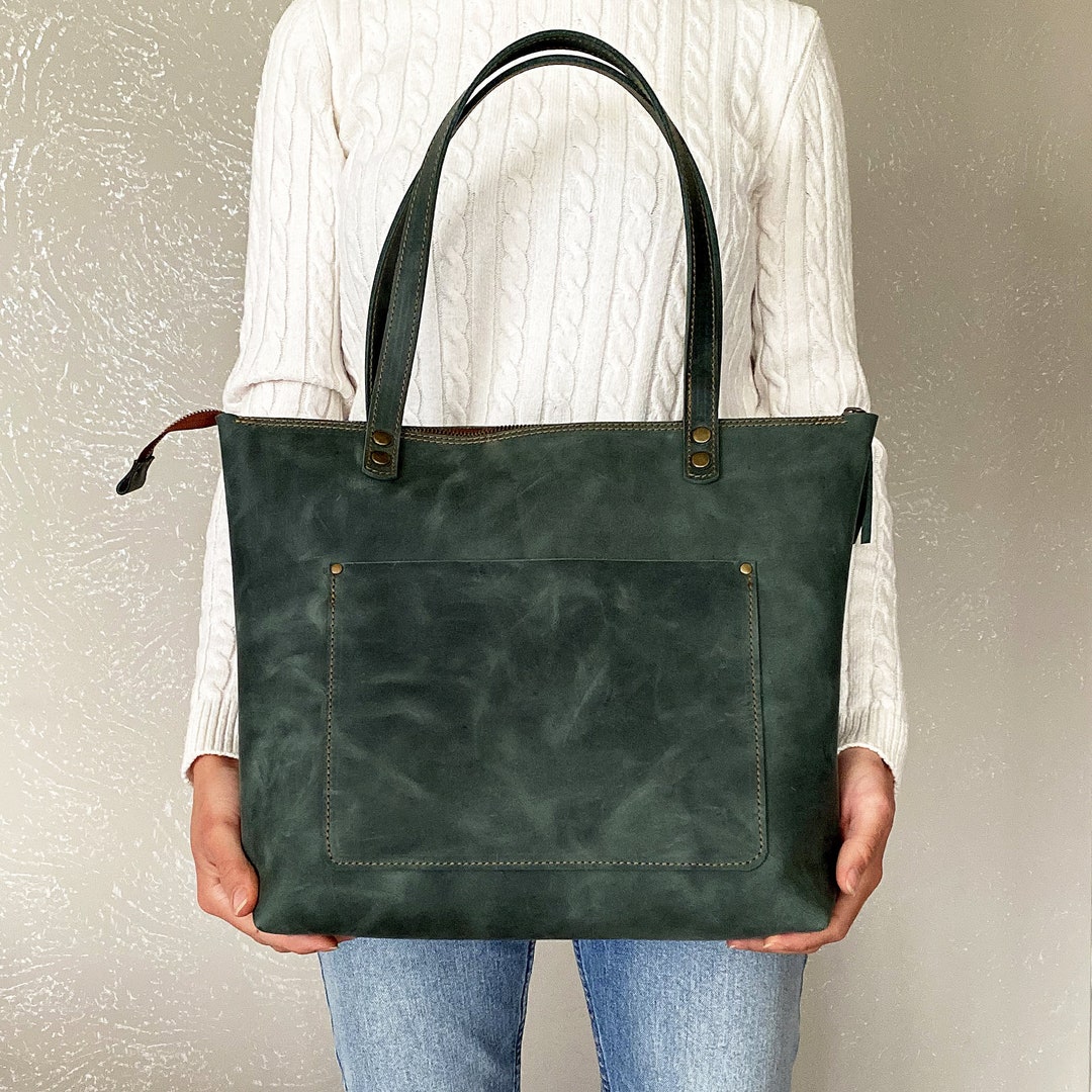 Large Leather Tote Bag With Zipper / Personalized Leather Tote Bag ...