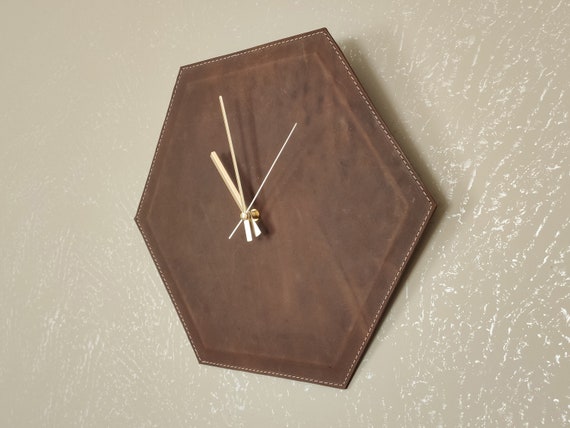 Leather Modern  Wall Clock - Hexagonal Handmade Wall Decor - Unique Minimalist Silent Mechanism Design - Housewarming Gift - Free Monogram
