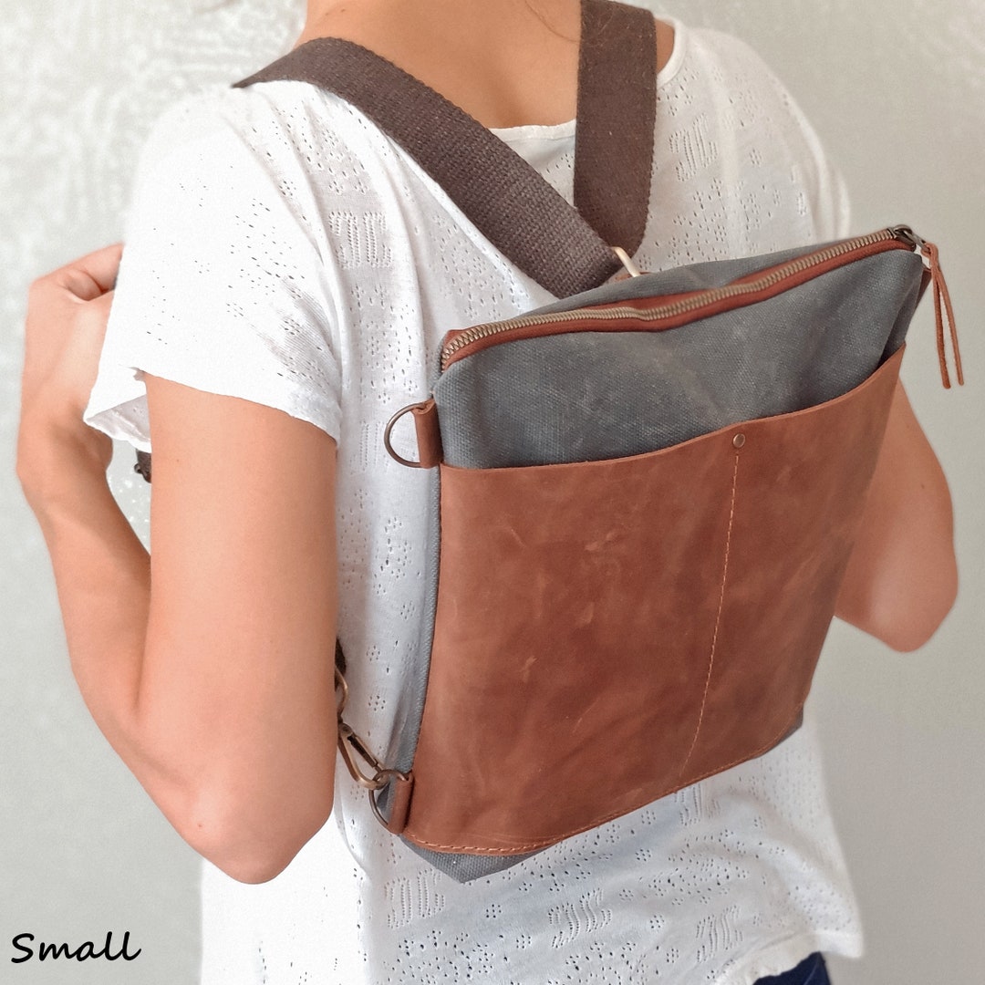 Waxed Canvas Convertible Backpack With Leather Pocket Tote Bag for