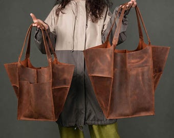 Oversized Leather Shoulder Tote for Women, Handmade Large Tote Hobo Purse, Genuine Leather Shoulder Bag