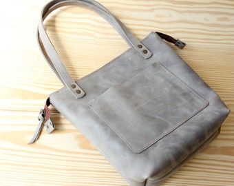 Handmade Leather Tote Bag For Women / Gray Zippered Purse With Cross Body Strap / Personalized Leather Satchel / Birthday Gift For Her LB1