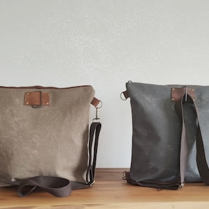 Mochila convertible de lona encerada con bolsillo de cuero, bolso de mano para mujer, bolso de hombro, bolso para portátil Unisex CB3