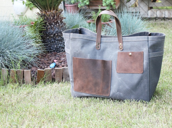 Waxed Canvas Garden Tote Bag / Personalized Utility Bag / Garden Tool Bag with Leather Handles / Christmas Gift For Garden Lover