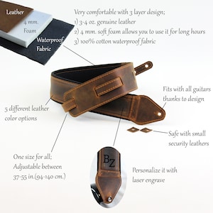 Personalized leather guitar strap / Premium and comfortable strap for guitarist / Gift for musician / Personalized Custom Christmas Gift image 2