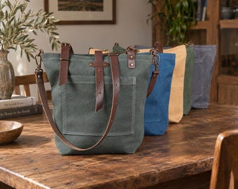 Waxed Canvas Tote Bag, Personalized Leather Handle Shoulder Bag, Crossbody Work Tote, Handmade Everyday Bag
