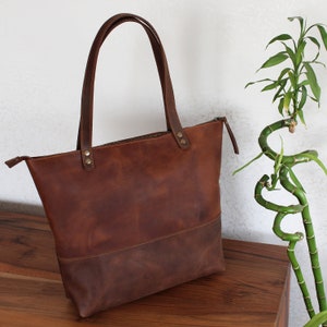 Leather Tote Bag for Women With Zipper Crossbody Brown Purse - Etsy