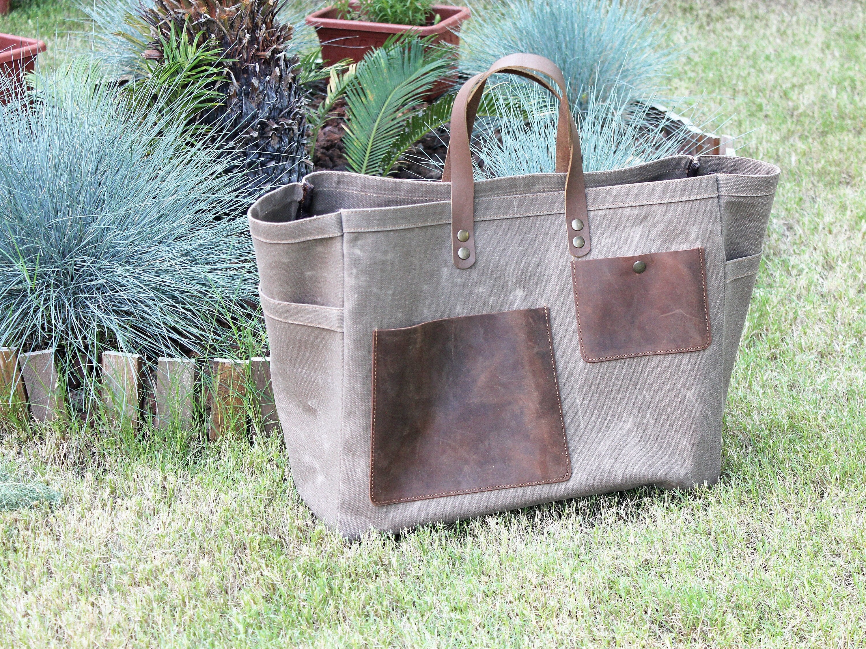 BURPEE Waxed_Canvas_Garden_Tool_Tote Waxed Canvas Heavy-Duty Tote Bag  Storage Organizer for Gardening Tools 12 H x 14.5 W