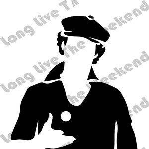 May include: Black and white silhouette of a person wearing a cap and a shirt with the text "Long Live The Weekend" repeated around the image.