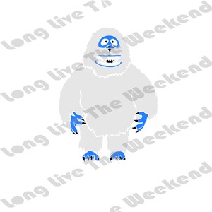 May include: A white cartoon snowman with blue eyes, a blue mouth, and blue claws. The snowman is smiling and has a white background.
