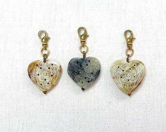 Carved Jade Heart Charm, DIY Necklace