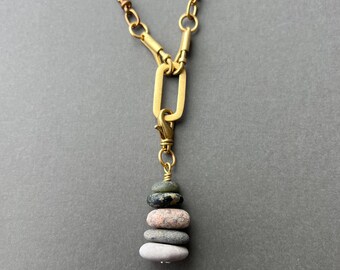 Lake Stone Cairn Stacked Charm Necklace, Brass Charm Holder, Vintage Heavy Paperclip Chain