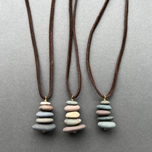 Lake Michigan Stone Cairn Necklace: Stacked Beach Stone, Leather Cord