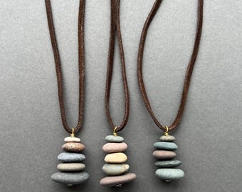 Lake Michigan Stone Cairn Necklace: Stacked Beach Stone, Leather Cord