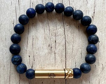 Lapis Lazuli Prayer Bracelet: Brass Intention Tube, Baptism Gift