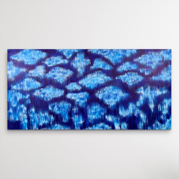 Large Abstract Painting, Blue and White Original Abstract Acrylic Painting by Mira Patel Titled: Stormy Night 24 x 48 x 1.5 Inches