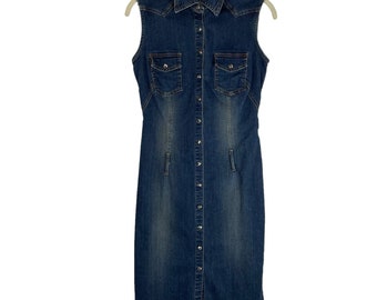 Vintage 90s fitted denim midi dress marbled pearl snaps