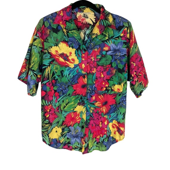 Vintage 80s colorful floral short sleeve button f… - image 1