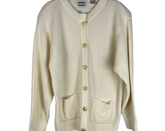 Vintage cream ribbed knit button front grandma cardigan sweater gold buttons