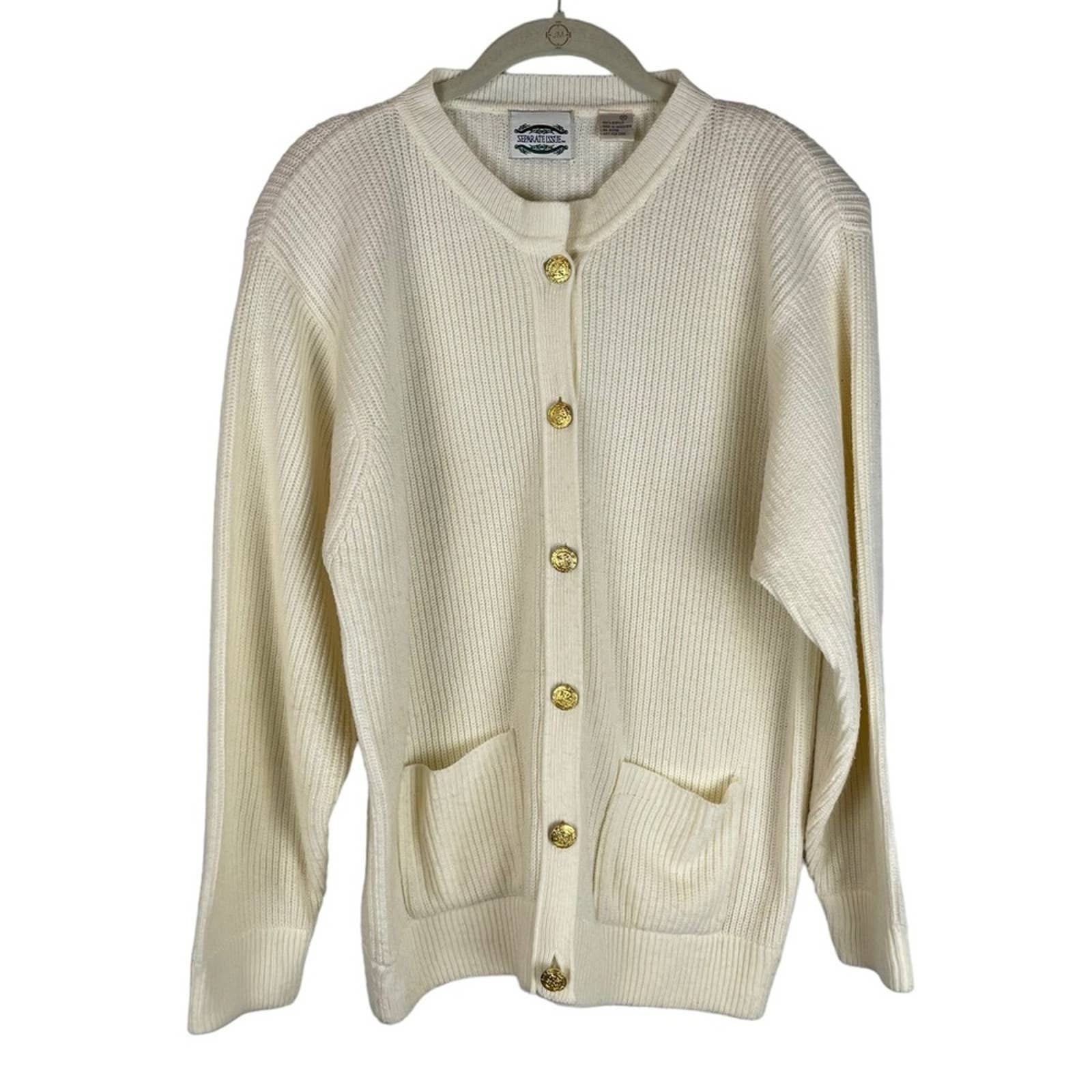 Vintage cream ribbed knit button front grandma cardigan sweater gold buttons