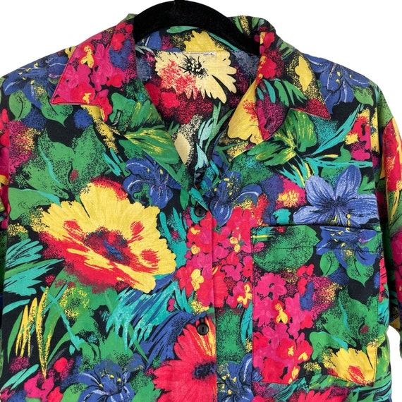 Vintage 80s colorful floral short sleeve button f… - image 2