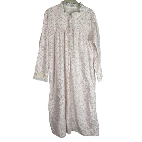 Vintage floral flannel lace trim midi length modest nightgown