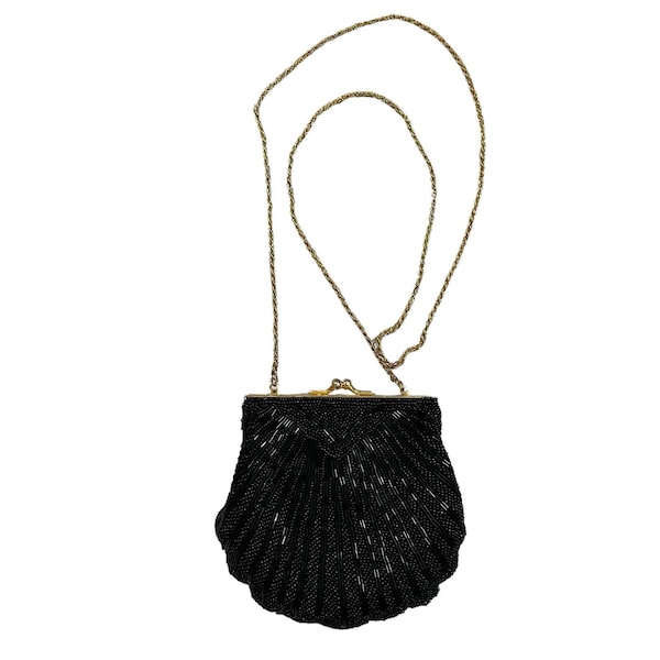 Vintage black beaded scalloped shape mini bag evening formal clutch gold chain