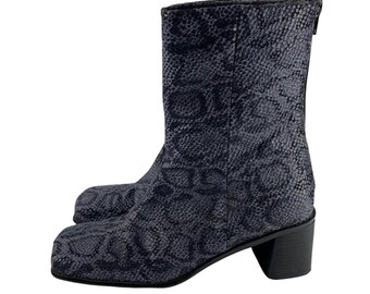Vintage square toe chunky heel gray black snakeskin pattern fabric upper boot