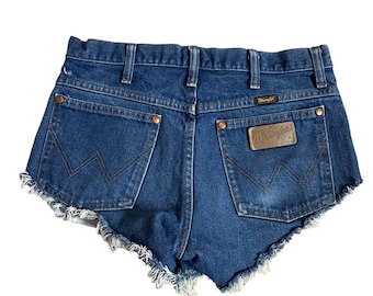 Vintage 80s Wrangler reworked high rise cutoff denim jean cheeky shorts waist size 30