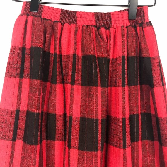 Vintage red black plaid pleated midi skirt - image 2