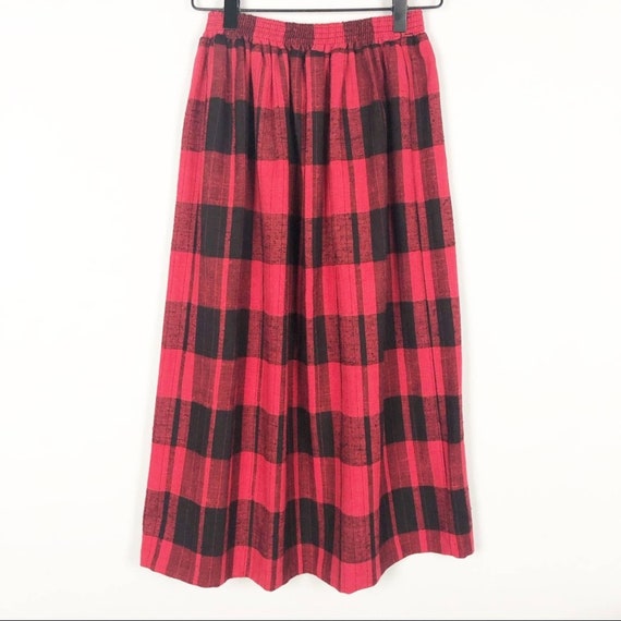 Vintage red black plaid pleated midi skirt - image 3
