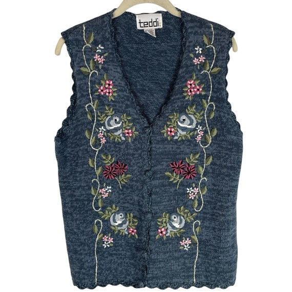 Vintage Teddi blue floral embroidered sweater vest