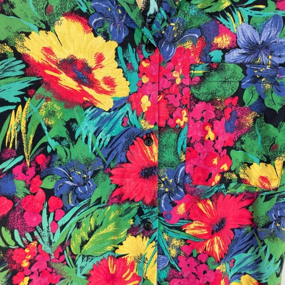 Vintage 80s colorful floral short sleeve button f… - image 4